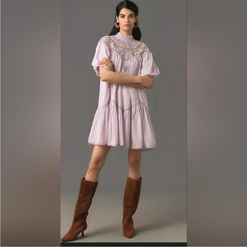 Anthropologie high neck lace tunic dress whisper mauve medium petite new